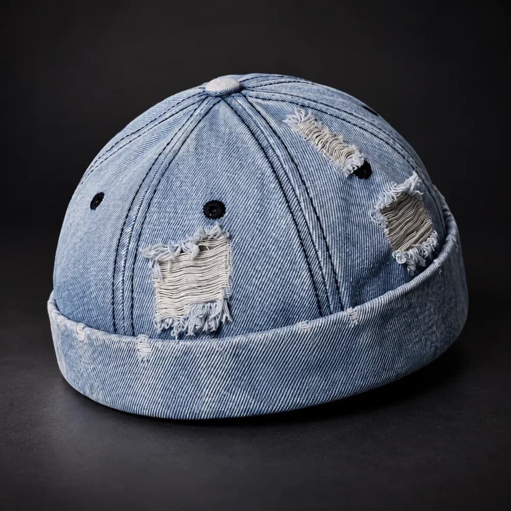 Distressed Denim Brimless Cap