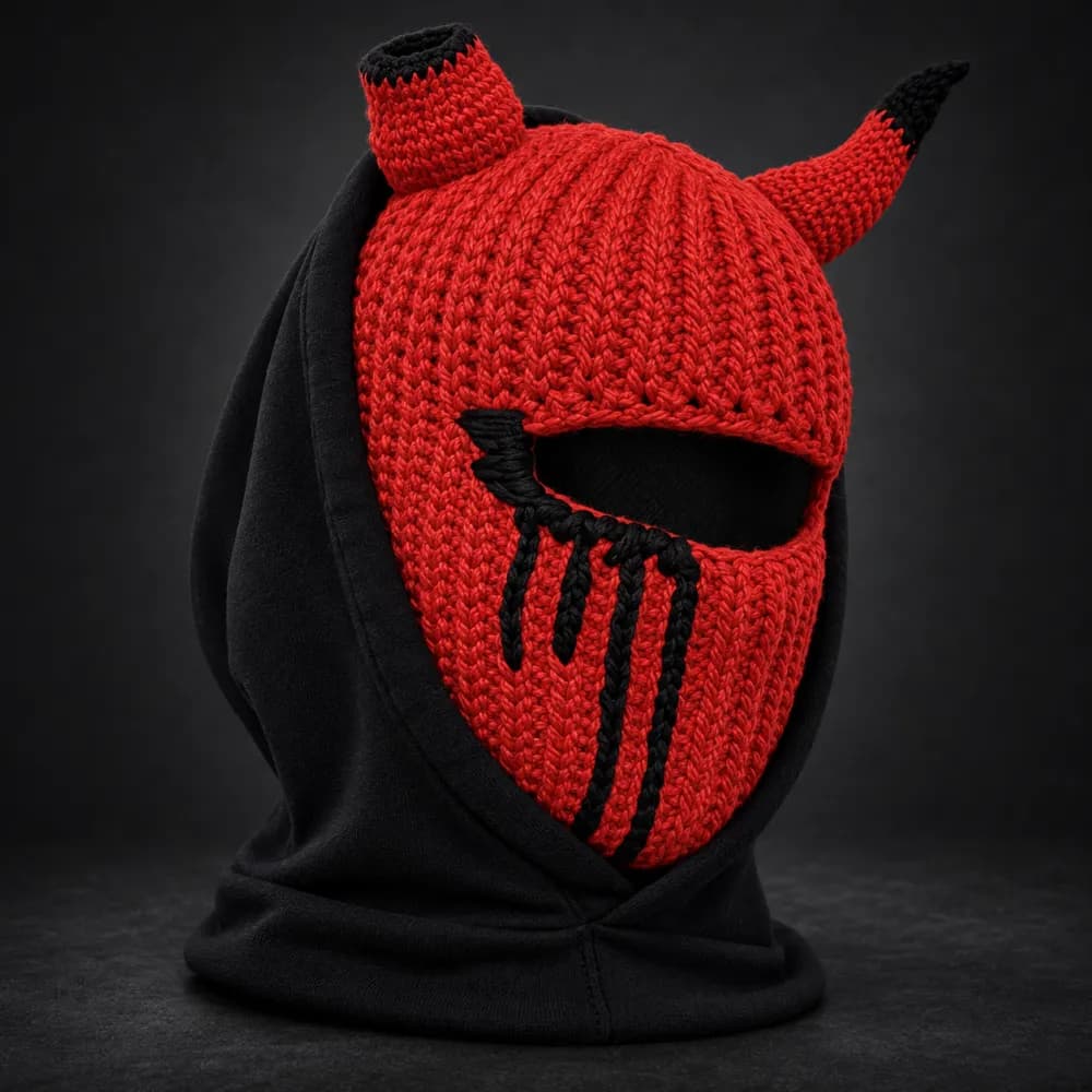 Red Horned Knit Mask Beanie