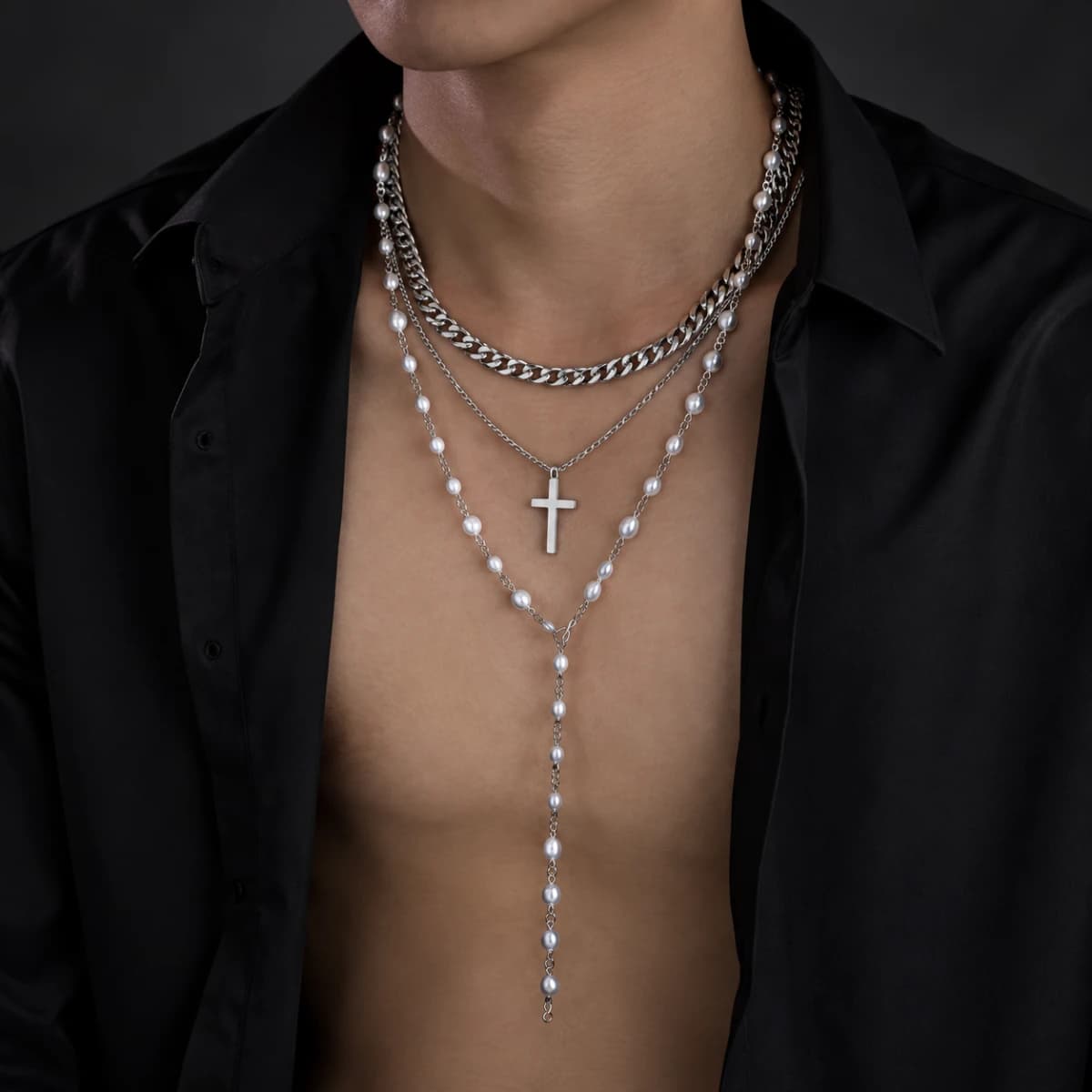 Three-Piece Layered Cross and Faux-Pearl Necklace Set - Image 1
