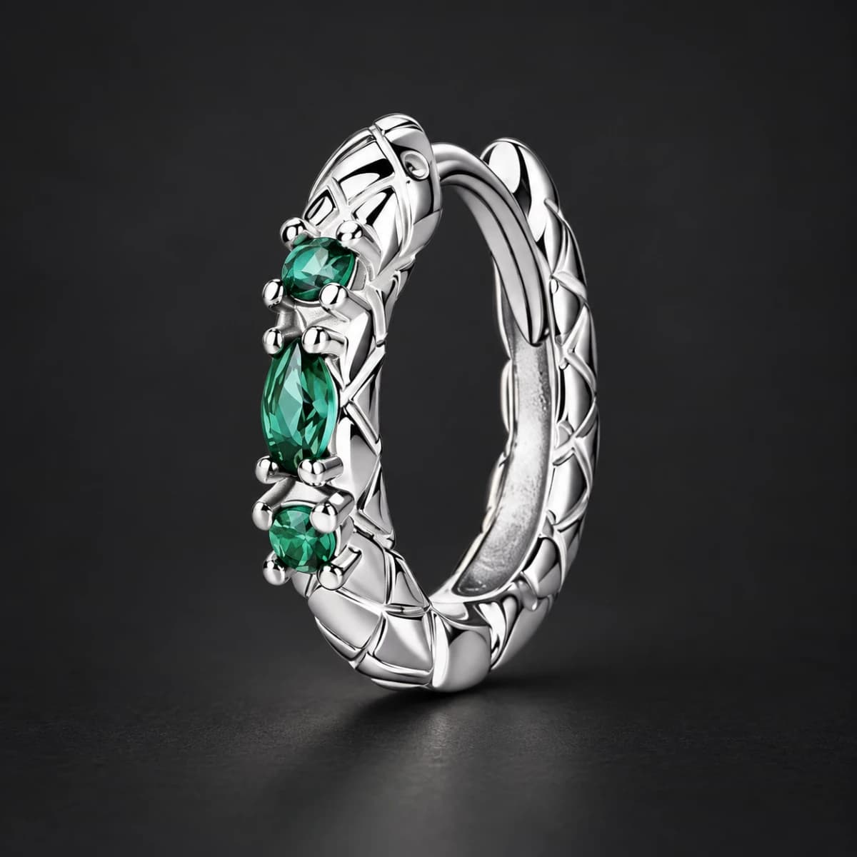 Silver-Tone Green-Stone Snake-Scale Hoop Earring - Image 1