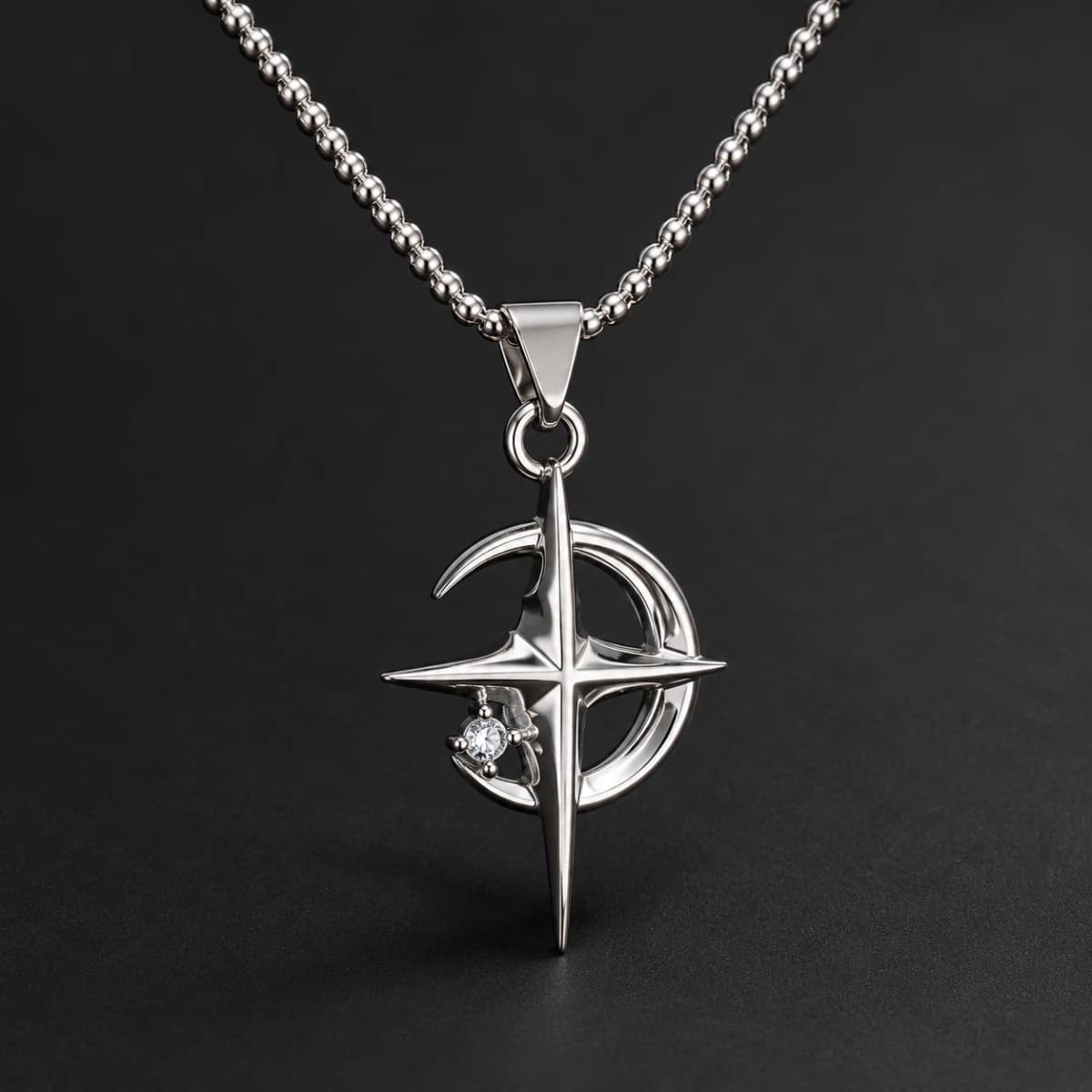 Silver-Tone Moon and Star Bead-Chain Necklace - Image 1