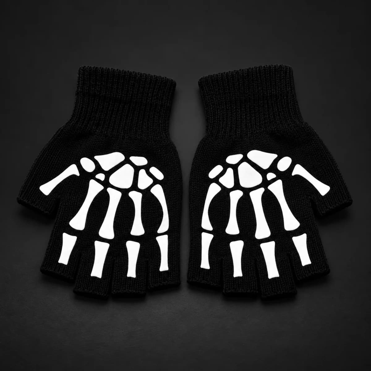 Black Skeleton-Print Fingerless Knit Glove Pair - Image 1