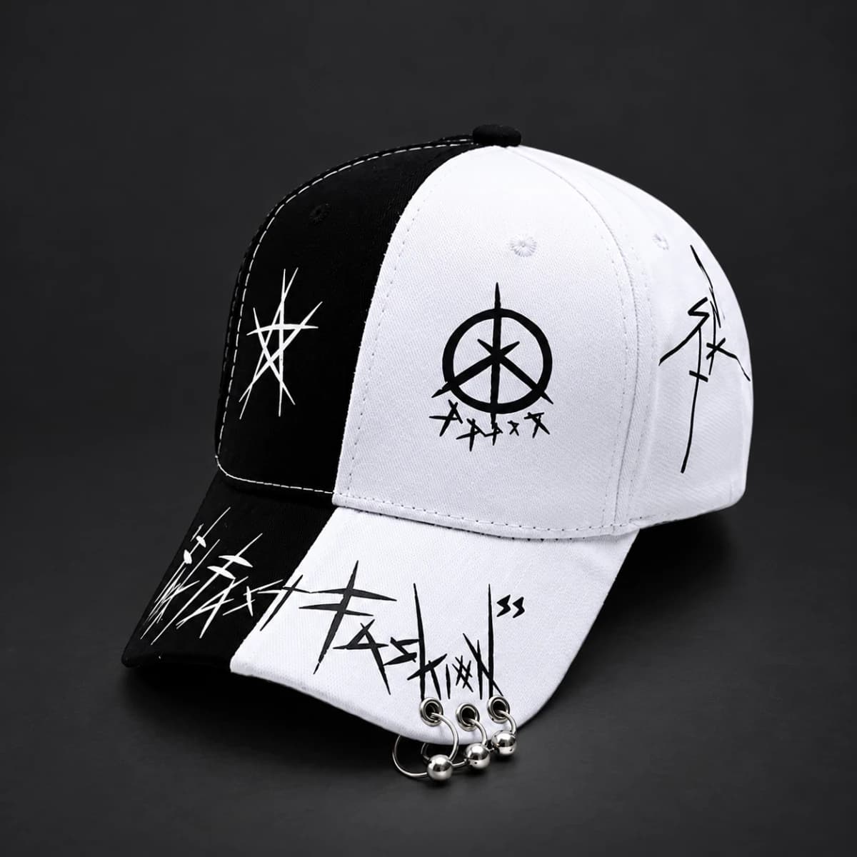 Black-and-White Graffiti Ring-Detail Baseball Cap - Image 1