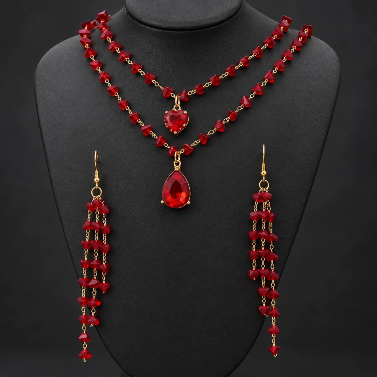 Red Beaded Layered Necklace and Drop Earring Set - Image 1