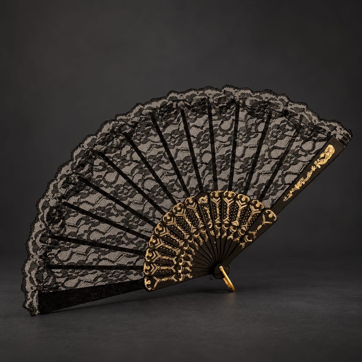 Black Lace Folding Fan with Gold-Tone Detail - Image 1