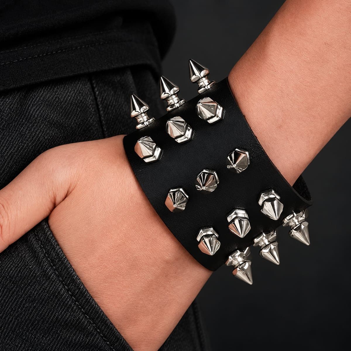 Black Wide Mixed-Spike Faux-Leather Wristband - Image 1