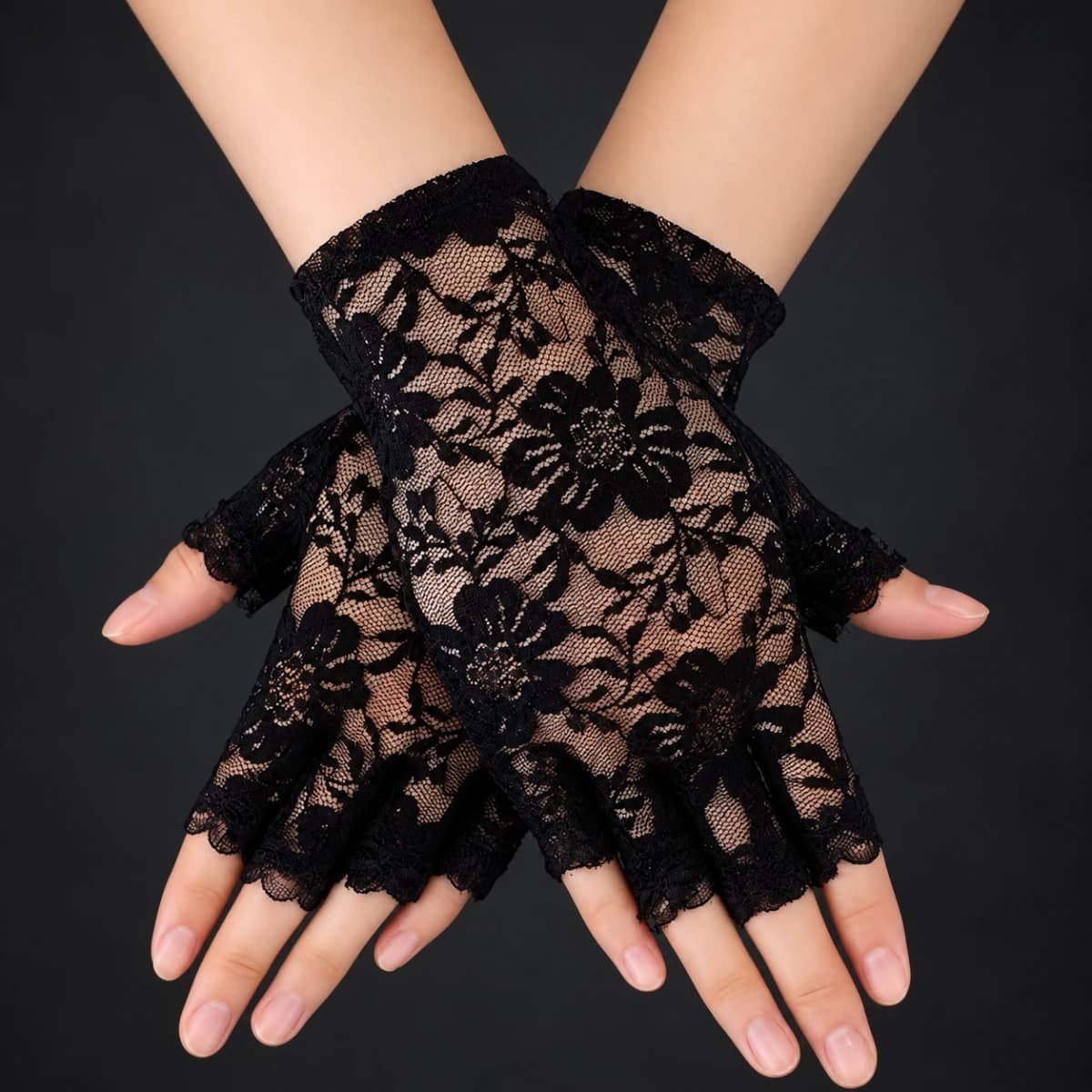 Black Floral Fingerless Lace Glove Pair - Image 1