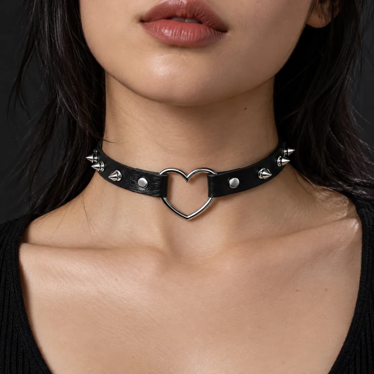 Black Studded Heart-Ring Choker - Image 1