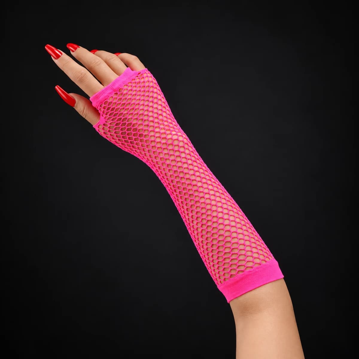Rose-Pink Long Fishnet Fingerless Glove Pair - Image 1