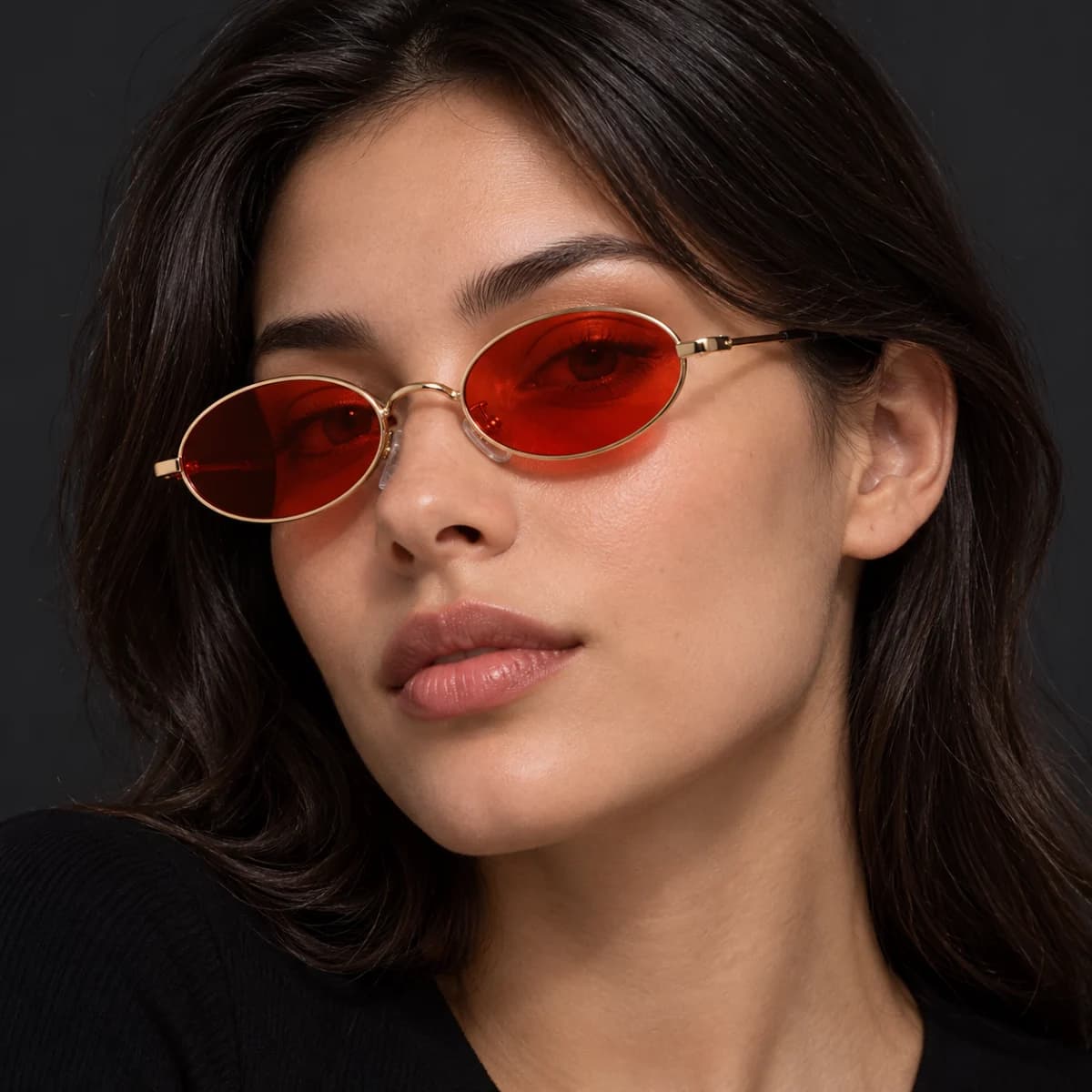 Gold-Tone Oval Red-Lens Fashion Glasses - Image 1