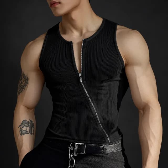 Black Asymmetrical Zip Ribbed Tank Top