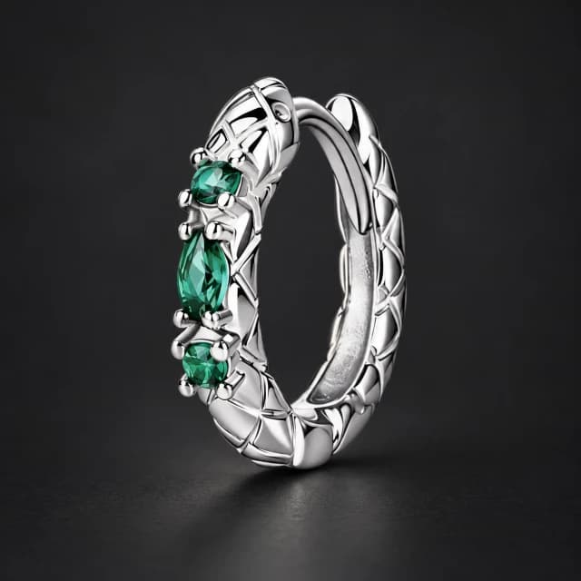Silver-Tone Green-Stone Snake-Scale Hoop Earring