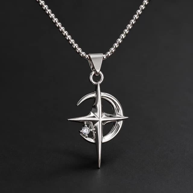 Silver-Tone Moon and Star Bead-Chain Necklace