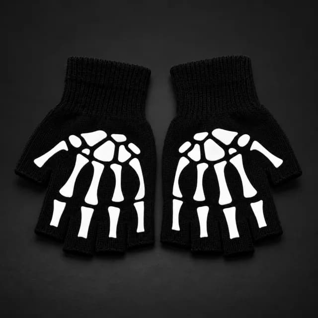 Black Skeleton-Print Fingerless Knit Glove Pair