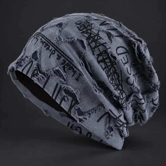 Blue Printed Frayed Slouchy Beanie