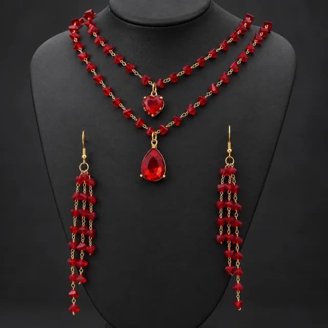 Red Beaded Layered Necklace and Drop Earring Set