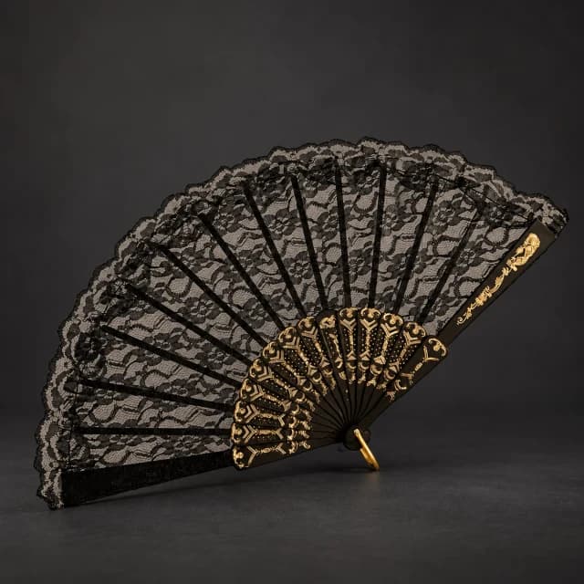 Black Lace Folding Fan with Gold-Tone Detail