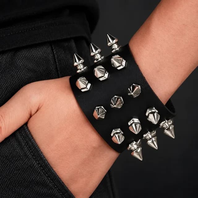 Black Wide Mixed-Spike Faux-Leather Wristband