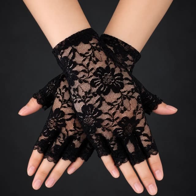 Black Floral Fingerless Lace Glove Pair