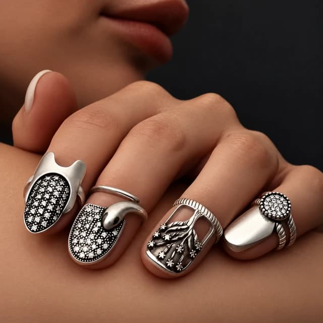 Silver-Tone Botanical and Speckled Nail-Ring Set — Four Pieces