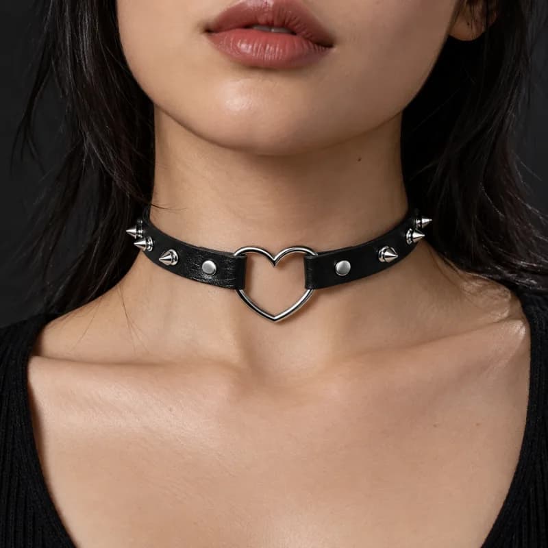 Black Studded Heart-Ring Choker