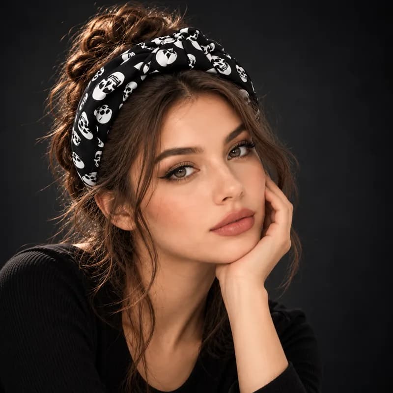 Black Skull-Print Knotted Headband